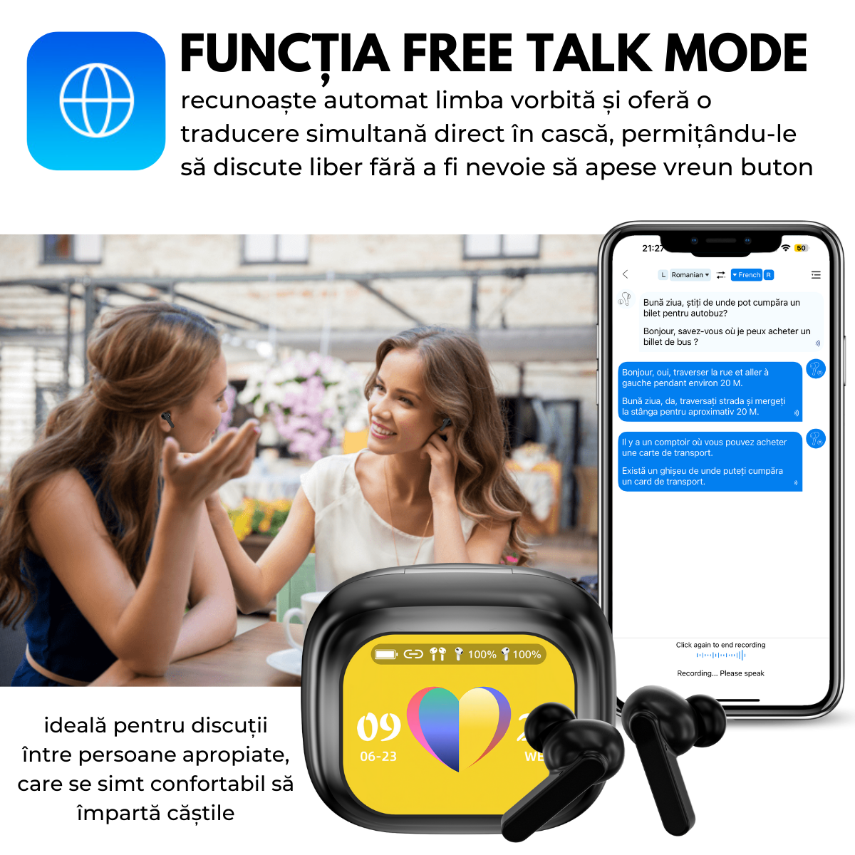 Casti cu Traducator pentru Conversatii in timp real, 144 Limbi, Traducere Foto, Carcasa incarcare cu Touch Screen, Bluetooth 5.4, Control tactil, T7, Negru, easyCTRL®