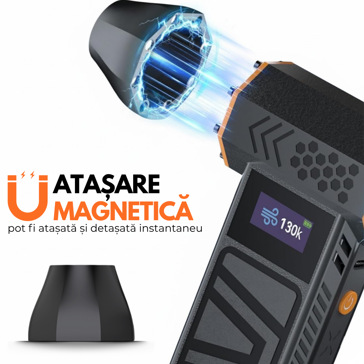 Suflanta Aer Turbo Multifunctionala, Portabila, Acumulator Reincarcabil 4000mAh, Viteza de Rotatie 130000 rpm, Negru-Portocaliu