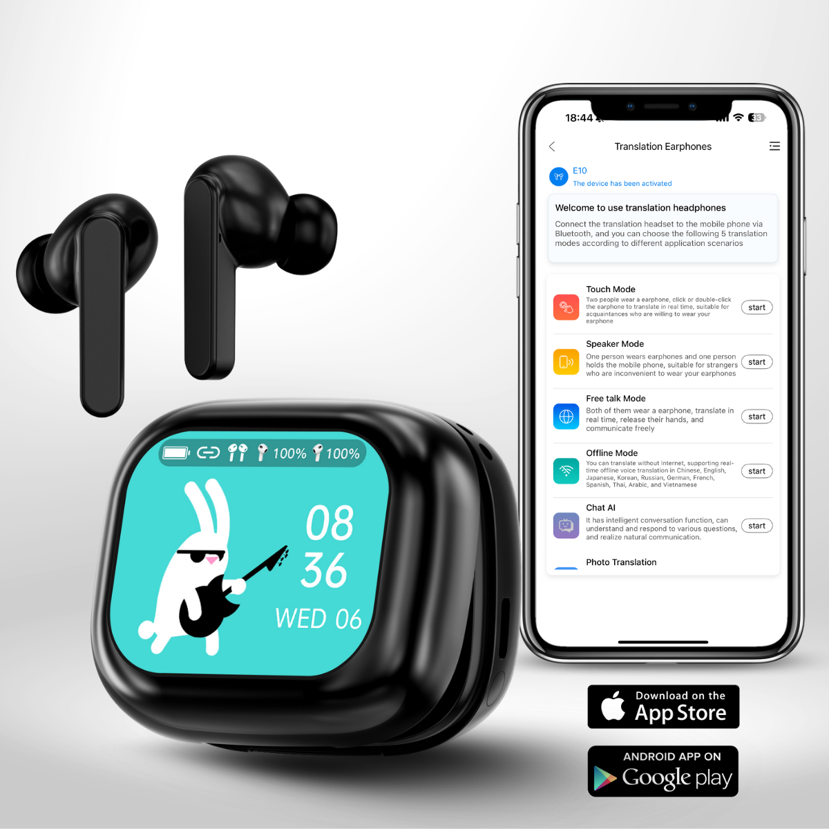 Casti cu Traducator pentru Conversatii in timp real, 144 Limbi, Traducere Foto, Carcasa incarcare cu Touch Screen, Bluetooth 5.4, Control tactil, T7, Negru, easyCTRL®