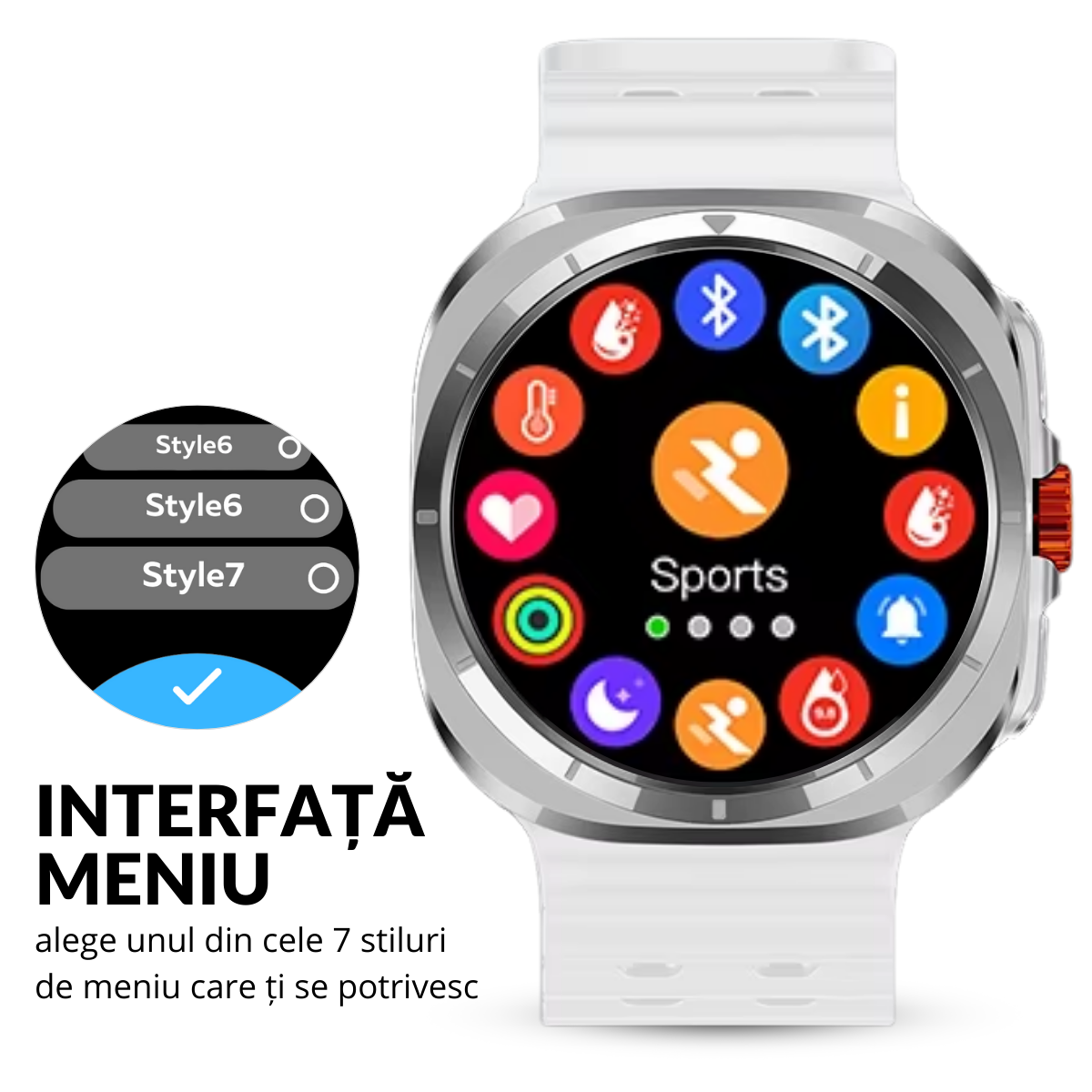 Ceas smartwatch de barbati, Ecran Tactil LCD 1.52", Apel Bluetooth, Multi Sport, Monitorizare Sanatate, Alb, easyCTRL®
