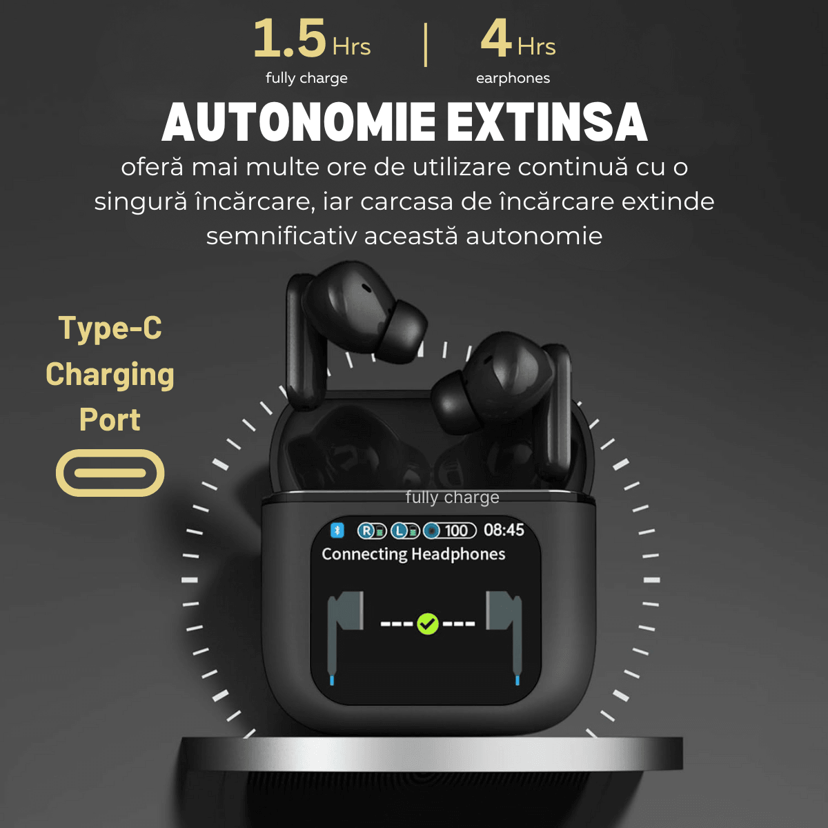 Vezeték nélküli, fülbe helyezhető fejhallgató, érintőképernyős tok, Bluetooth 5.4, érintésvezérlés, zajszűrő ANC + ENC, easyCTRL®, fekete