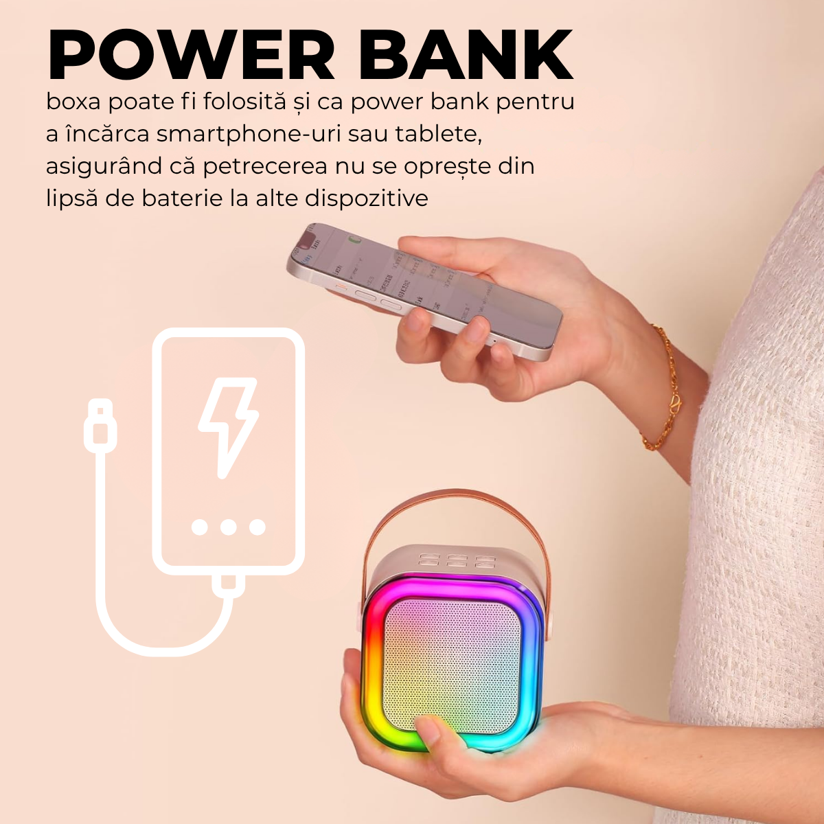 Set Karaoke cu Boxa Bluetooth si 2 Microfoane Wireless, Lumini LED RGB Dinamice, Incarcare Type-C, Port AUX, Slot Card TF, Crem, easyCTRL®