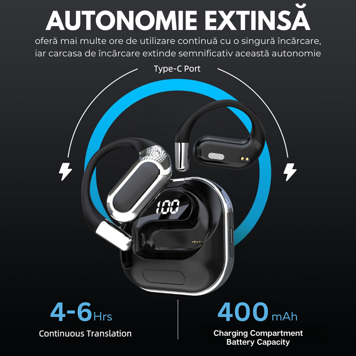 Fejhallgató fordítóval valós idejű beszélgetésekhez, nyitott fül, 144 nyelv, fényképfordítás, Bluetooth 5.4, érintésvezérlés, töltőtok, V80, fekete