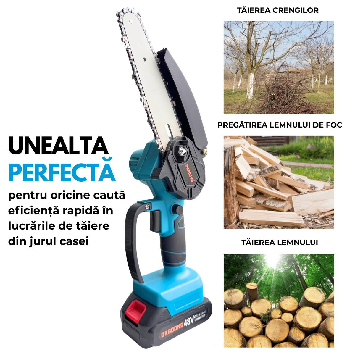 Mini Drujba Electrica Portabila, Fierastrau, 2 Acumulatori, 2 Lanturi, Buton de siguranta, Aparatoare mobila