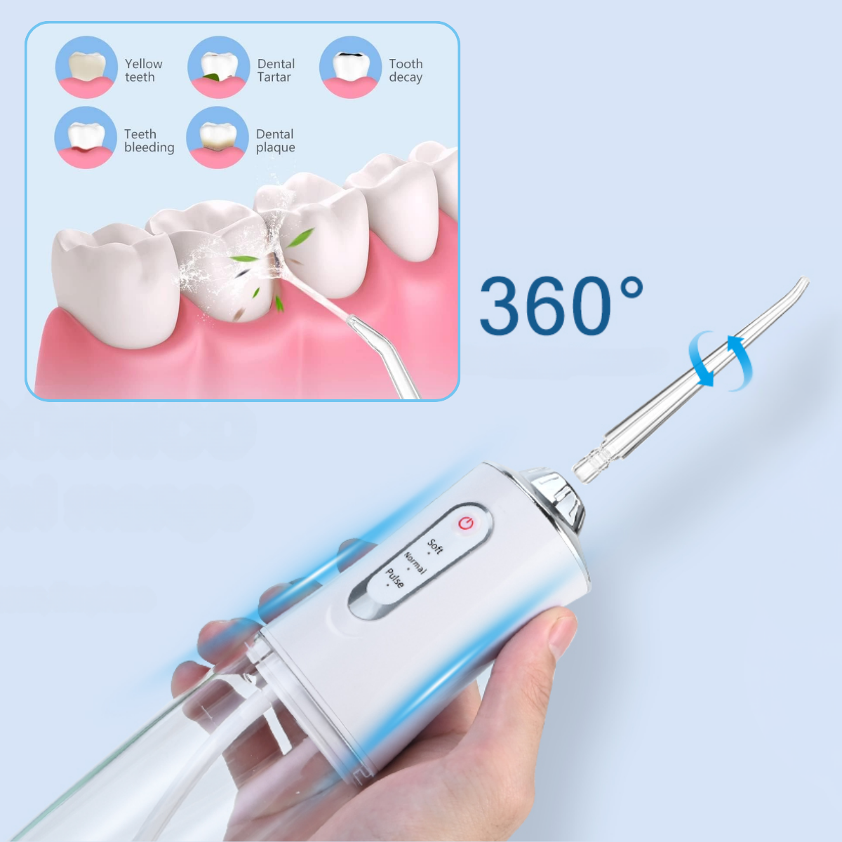 Irigator Oral Profesional, Dus Bucal Portabil, 4 Capete, 3 Moduri de Curatare, Rezervor 230ml, Alb