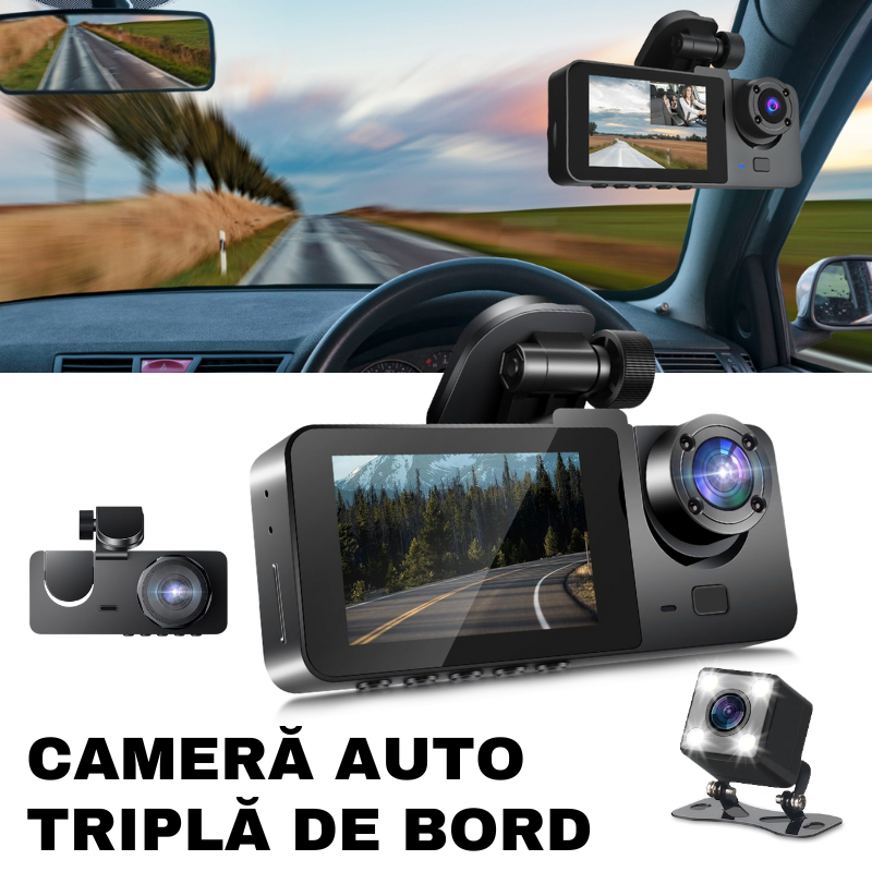 Tripla autós kamera, első / belső / hátramenet, DVR, Wi-Fi, Full HD, 170°-os szög, parkolási mód, mozgásérzékelő, 2" kijelző, G-érzékelő, dedikált alkalmazás, X15, easyCTRL®