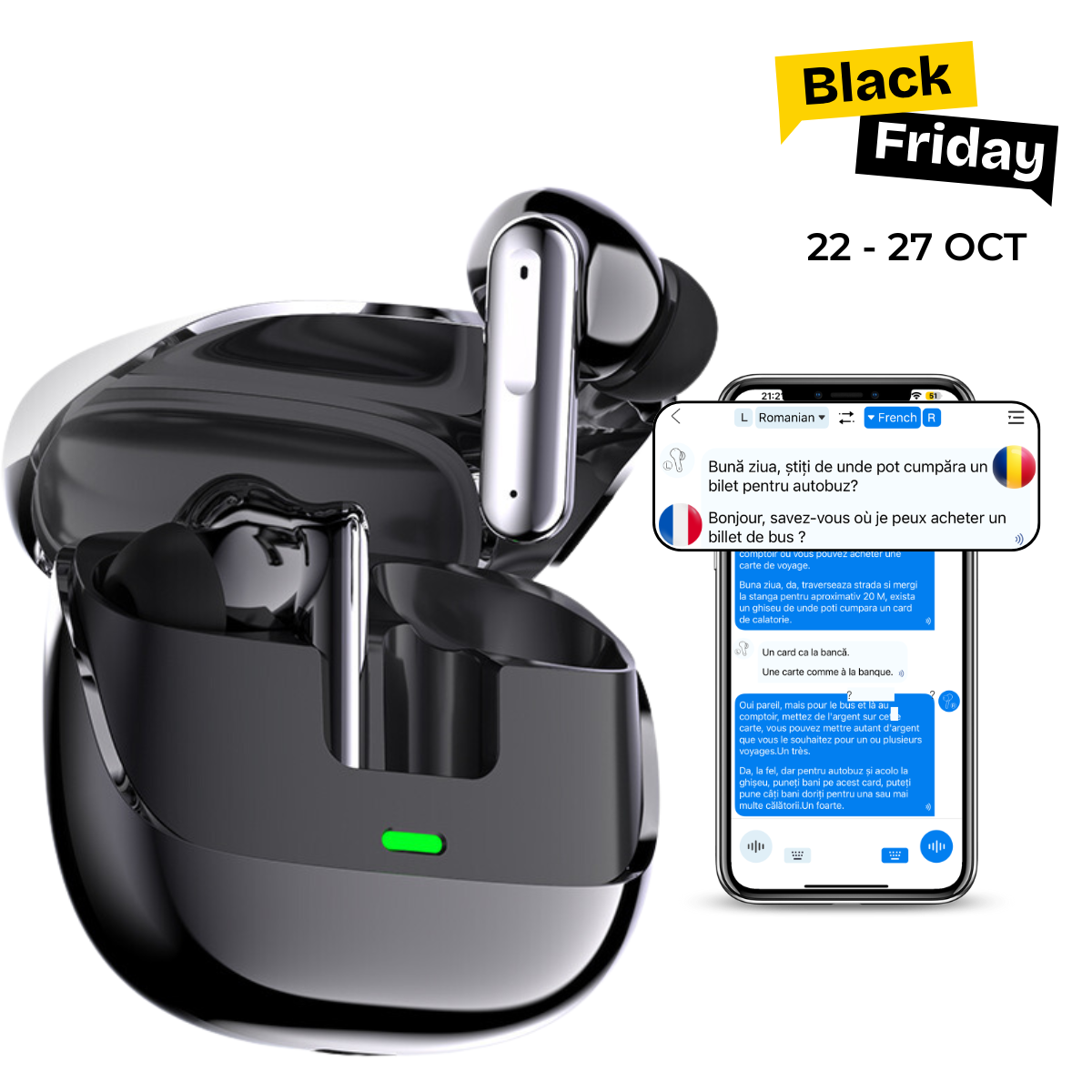 Casti cu Traducator pentru Conversatii in timp real, 144 Limbi, Traducere Foto, Bluetooth 5.4, Carcasa de incarcare