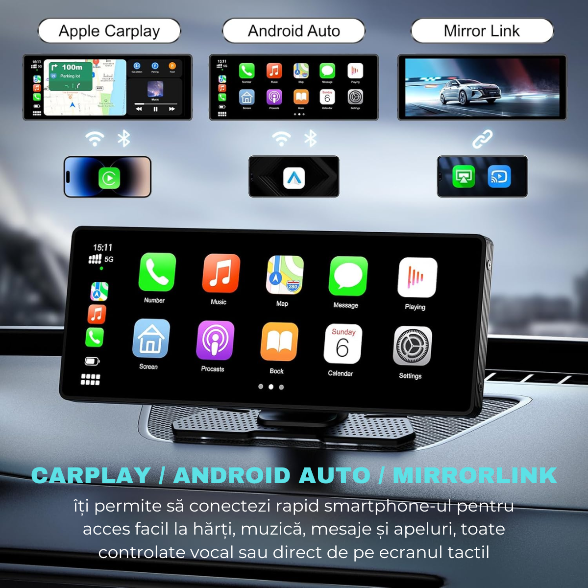 Autós navigáció Android / Apple CarPlay, Multimédia, Univerzális, Állítható elülső kamera 4K, Érintőképernyő 10,26", tolatókamera, Mirrorcast, BT, FM, AUX, Osztott képernyő, easyCTRL®