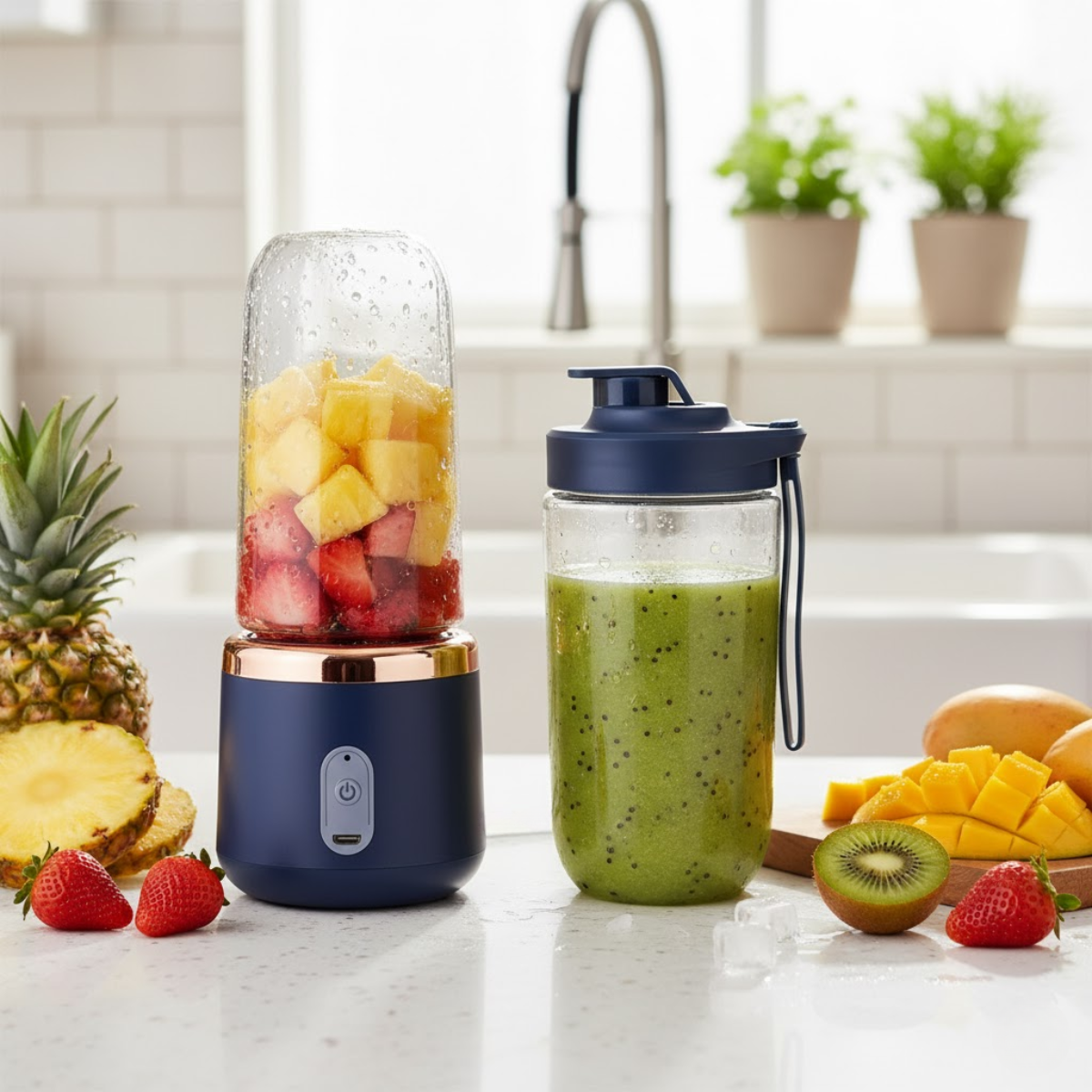 Mini Blender Portabil, 2 Recipiente, 400 ml, 6 Lame 3D, USB-C reincarcabil, 45W, Capac Inclus, Bleumarin, easyCTRL®