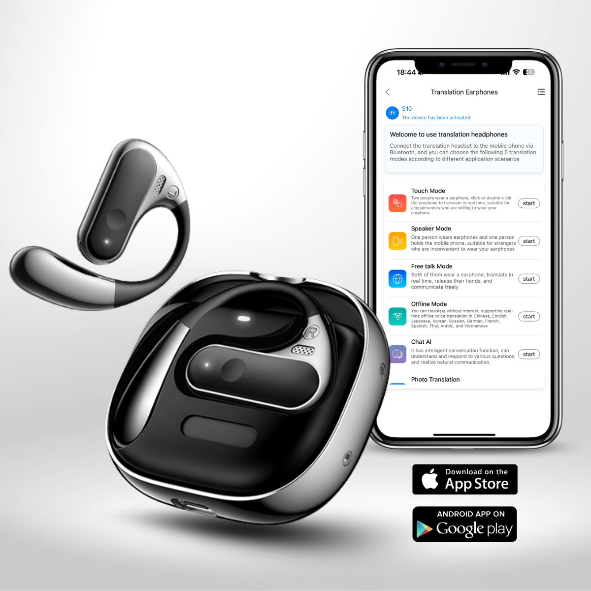 Casti cu Traducator pentru Conversatii in timp real, Constructie Metal, Open-Ear, 144 Limbi, Traducere Foto, Bluetooth 5.4, Control tactil, Carcasa de incarcare, S10, easyCTRL®