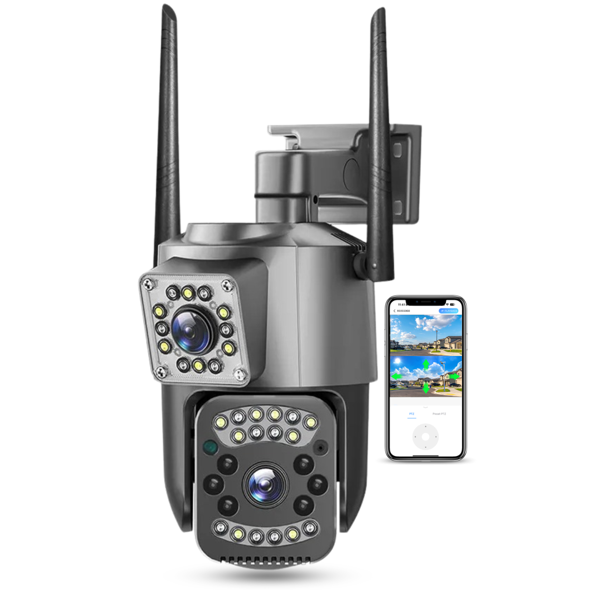 Camera Supraveghere Video 360°, Dubla, Wi-Fi, 2K, 4MP, Exterior/Interior, Control PTZ, Vedere Nocturna Color si Infrarosu, Rezistenta la Apa IP66, Alarma Sonora si Luminoasa, Comunicare Bidirectionala, Senzor Miscare, Stocare Card/Cloud, easyCTRL®