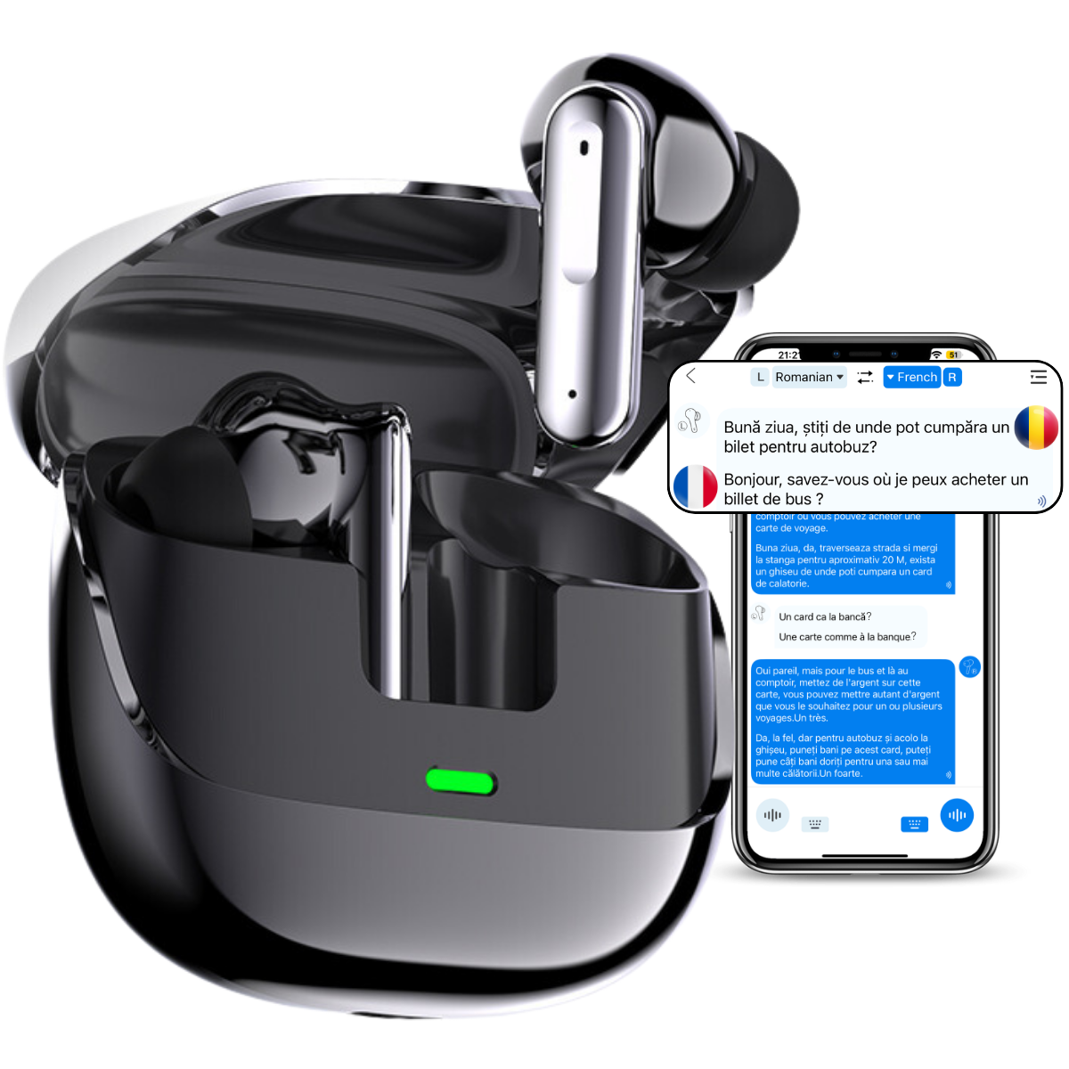 Casti cu Traducator pentru Conversatii in timp real, 144 Limbi, Traducere Foto, Bluetooth 5.4, Carcasa de incarcare