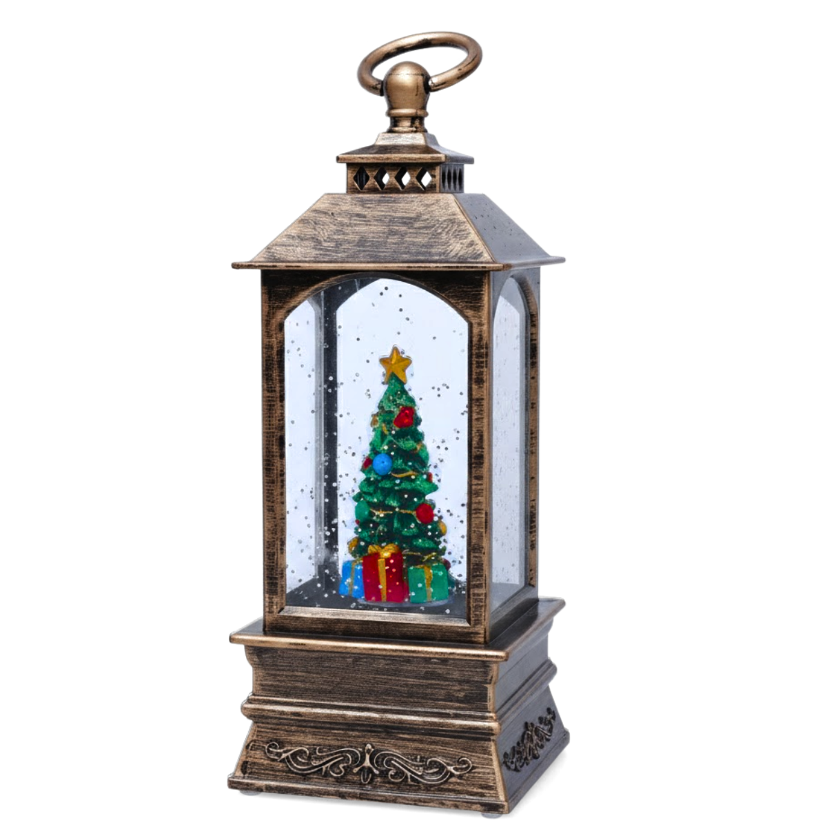 Felinar Decorativ Muzical, Brad de Craciun, Iluminare LED calda, Zapada in Miscare, Alimentare USB/Baterii
