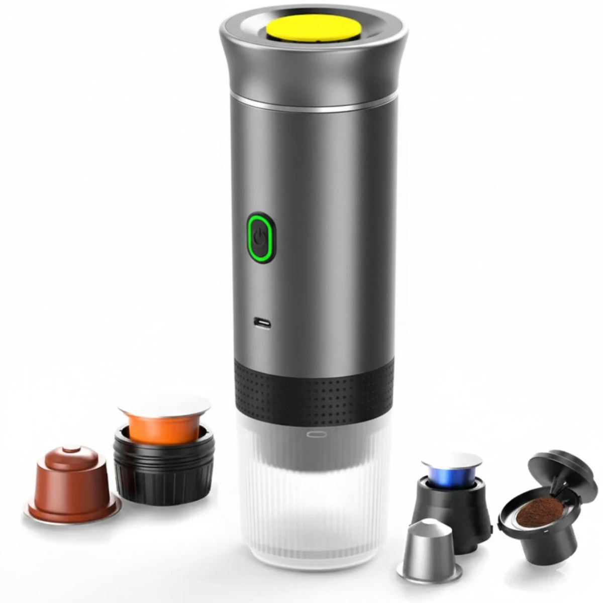 Espressor Portabil 3 in 1, Capsule Nespresso, Nescafe Dolce Gusto, Cafea macinata, 20 bar, 72W, Baterie 7500mAh, Argintiu, easyCTRL®