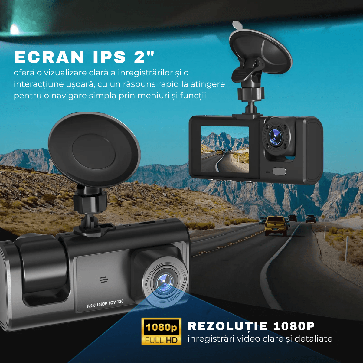 Camera Auto tripla de bord, Fata / Interior / Spate, DVR, Wi - Fi, Full HD, Night Vision, Unghi 170°, Mod Parcare, Senzor Miscare, Display 2", G - Senzor, Camera Marsarier, Aplicatie dedicata, easyCTRL®smarrt.rocamera auto de bordeasyCTRL