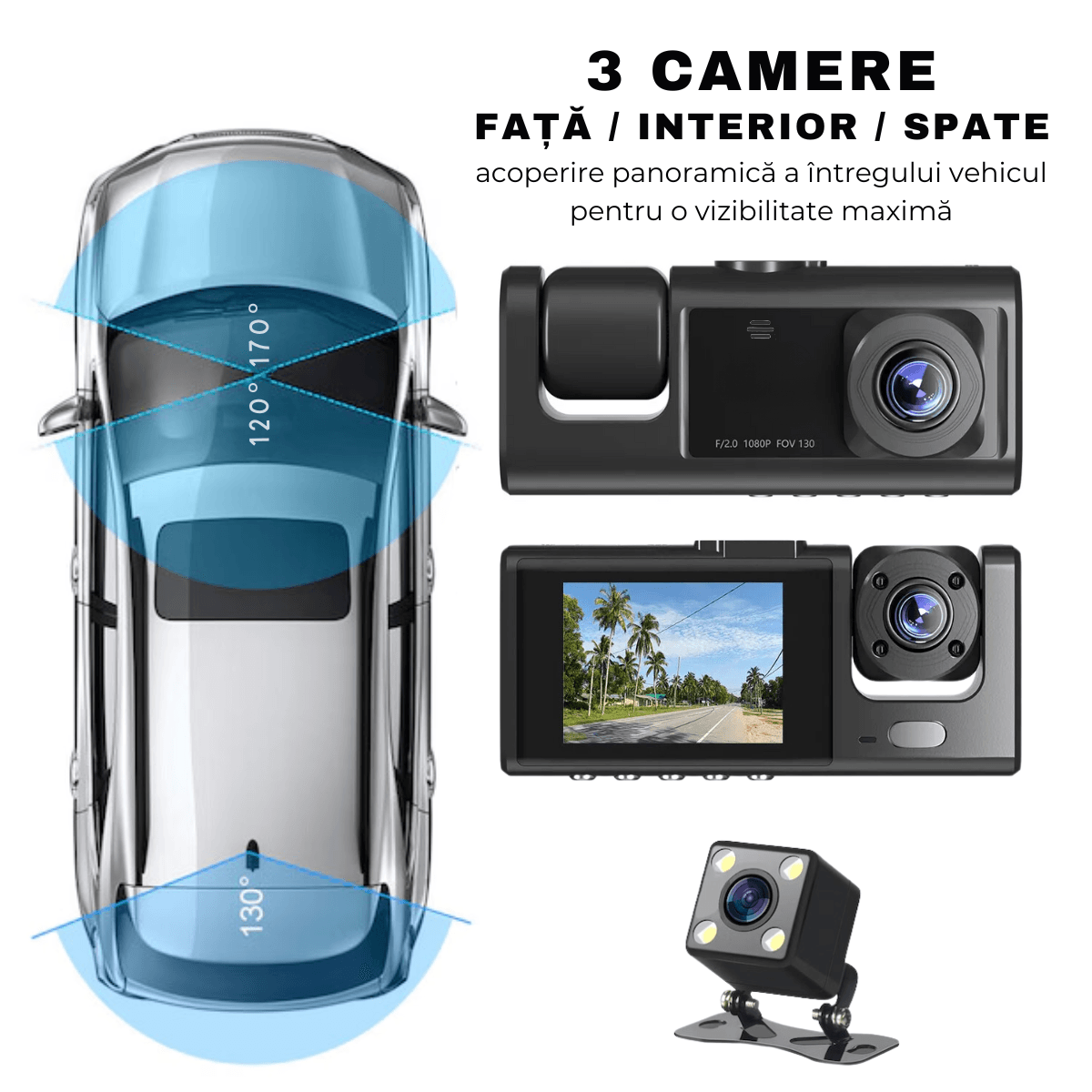 Camera Auto tripla de bord, Fata / Interior / Spate, DVR, Wi - Fi, Full HD, Night Vision, Unghi 170°, Mod Parcare, Senzor Miscare, Display 2", G - Senzor, Camera Marsarier, Aplicatie dedicata, easyCTRL®smarrt.rocamera auto de bordeasyCTRL