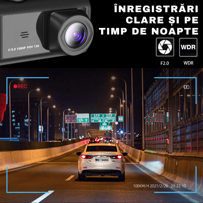 Camera Auto tripla de bord, Fata / Interior / Spate, DVR, Wi - Fi, Full HD, Night Vision, Unghi 170°, Mod Parcare, Senzor Miscare, Display 2", G - Senzor, Camera Marsarier, Aplicatie dedicata, easyCTRL®smarrt.rocamera auto de bordeasyCTRL