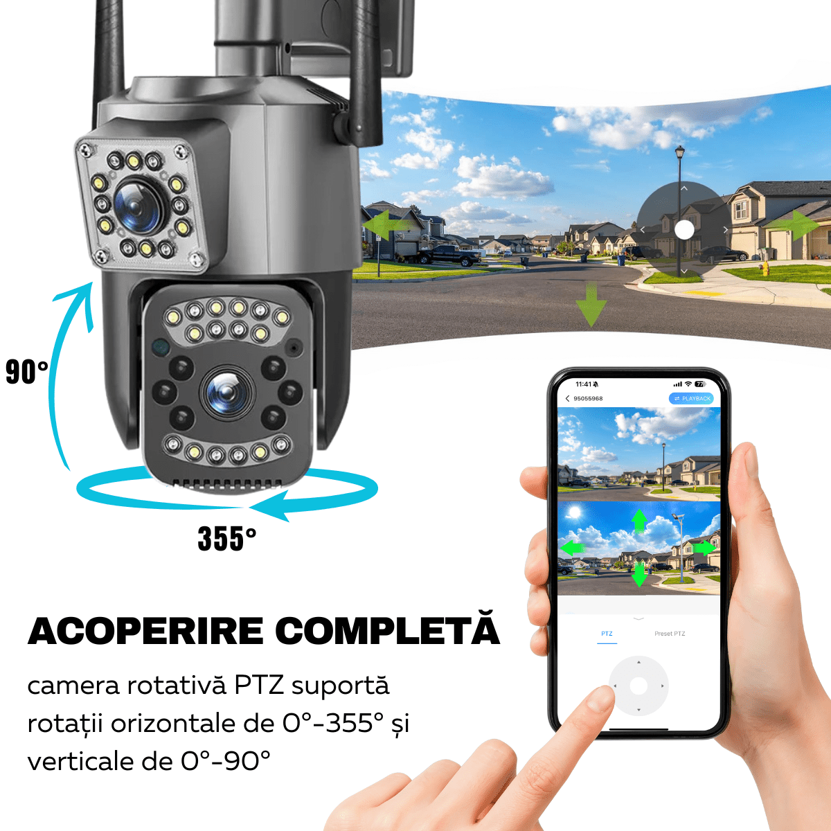 Camera Supraveghere Video 360°, Dubla, Wi - Fi, 2K, 4MP, Exterior/Interior, Control PTZ, Vedere Nocturna Color si Infrarosu, Rezistenta la Apa IP66, Alarma Sonora si Luminoasa, Comunicare Bidirectionala, Senzor Miscare, Stocare Card/Cloud, easyCTRL®smarrt.rocamera supraveghereeasyCTRL