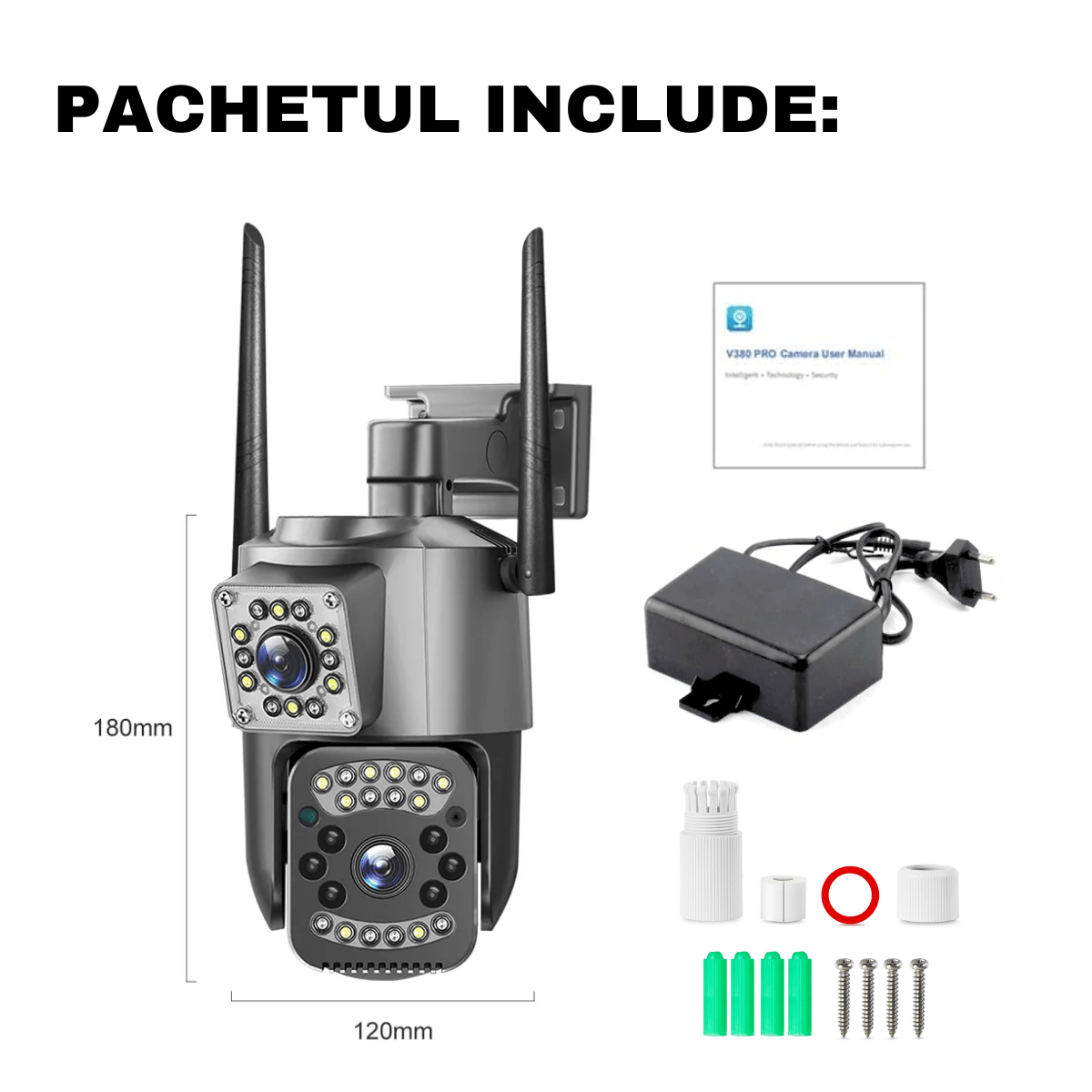 Camera Supraveghere Video 360°, Dubla, Wi - Fi, 2K, 4MP, Exterior/Interior, Control PTZ, Vedere Nocturna Color si Infrarosu, Rezistenta la Apa IP66, Alarma Sonora si Luminoasa, Comunicare Bidirectionala, Senzor Miscare, Stocare Card/Cloud, easyCTRL®smarrt.rocamera supraveghereeasyCTRL