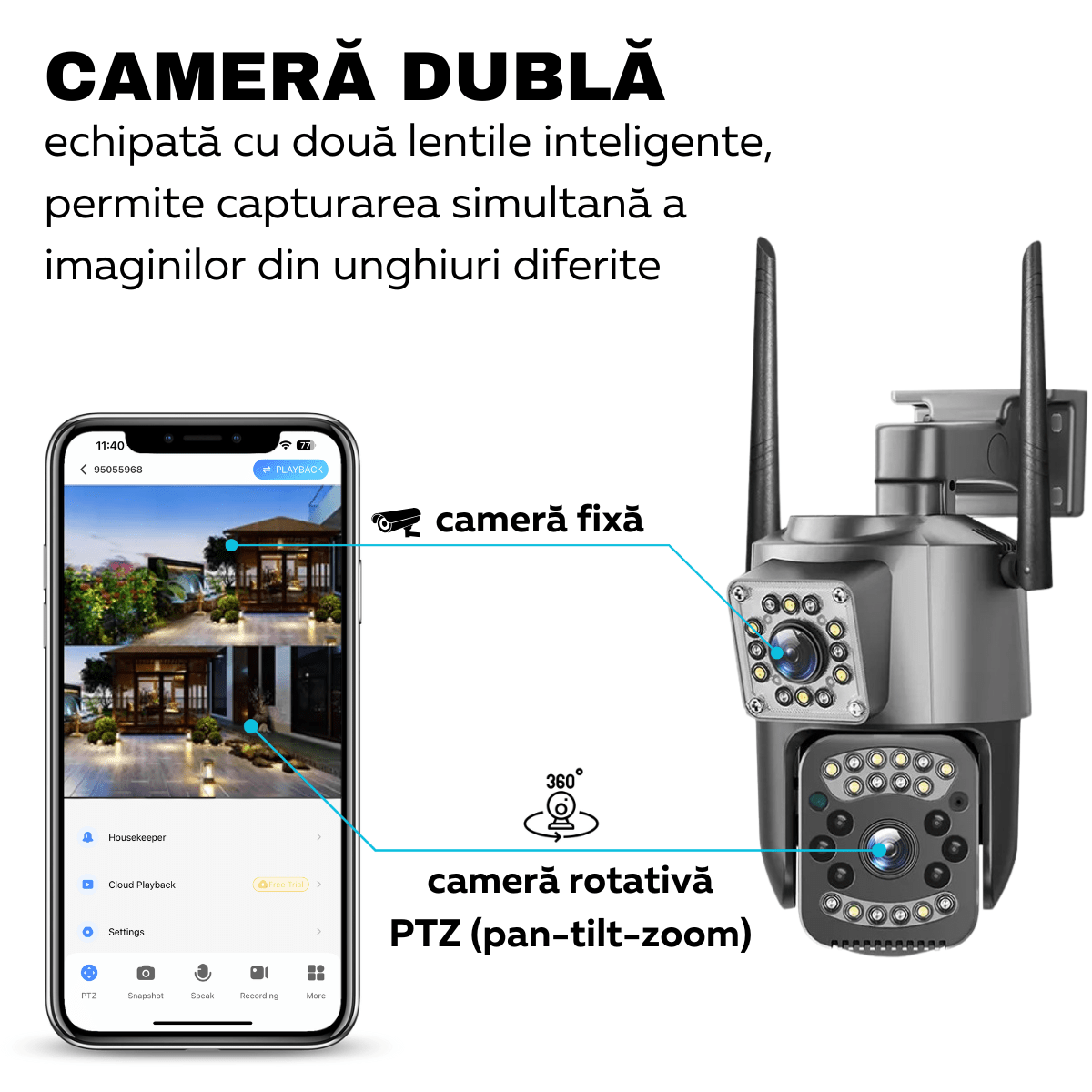 Camera Supraveghere Video 360°, Dubla, Wi - Fi, 2K, 4MP, Exterior/Interior, Control PTZ, Vedere Nocturna Color si Infrarosu, Rezistenta la Apa IP66, Alarma Sonora si Luminoasa, Comunicare Bidirectionala, Senzor Miscare, Stocare Card/Cloud, easyCTRL®smarrt.rocamera supraveghereeasyCTRL