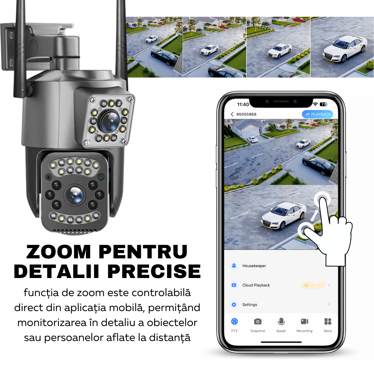 Camera Supraveghere Video 360°, Dubla, Wi - Fi, 2K, 4MP, Exterior/Interior, Control PTZ, Vedere Nocturna Color si Infrarosu, Rezistenta la Apa IP66, Alarma Sonora si Luminoasa, Comunicare Bidirectionala, Senzor Miscare, Stocare Card/Cloud, easyCTRL®smarrt.rocamera supraveghereeasyCTRL