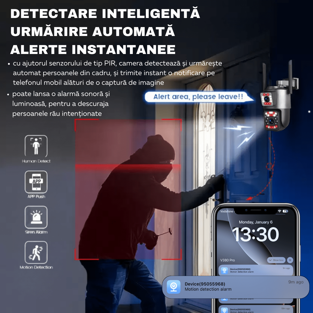 Camera Supraveghere Video 360°, Dubla, Wi - Fi, 2K, 4MP, Exterior/Interior, Control PTZ, Vedere Nocturna Color si Infrarosu, Rezistenta la Apa IP66, Alarma Sonora si Luminoasa, Comunicare Bidirectionala, Senzor Miscare, Stocare Card/Cloud, easyCTRL®smarrt.rocamera supraveghereeasyCTRL