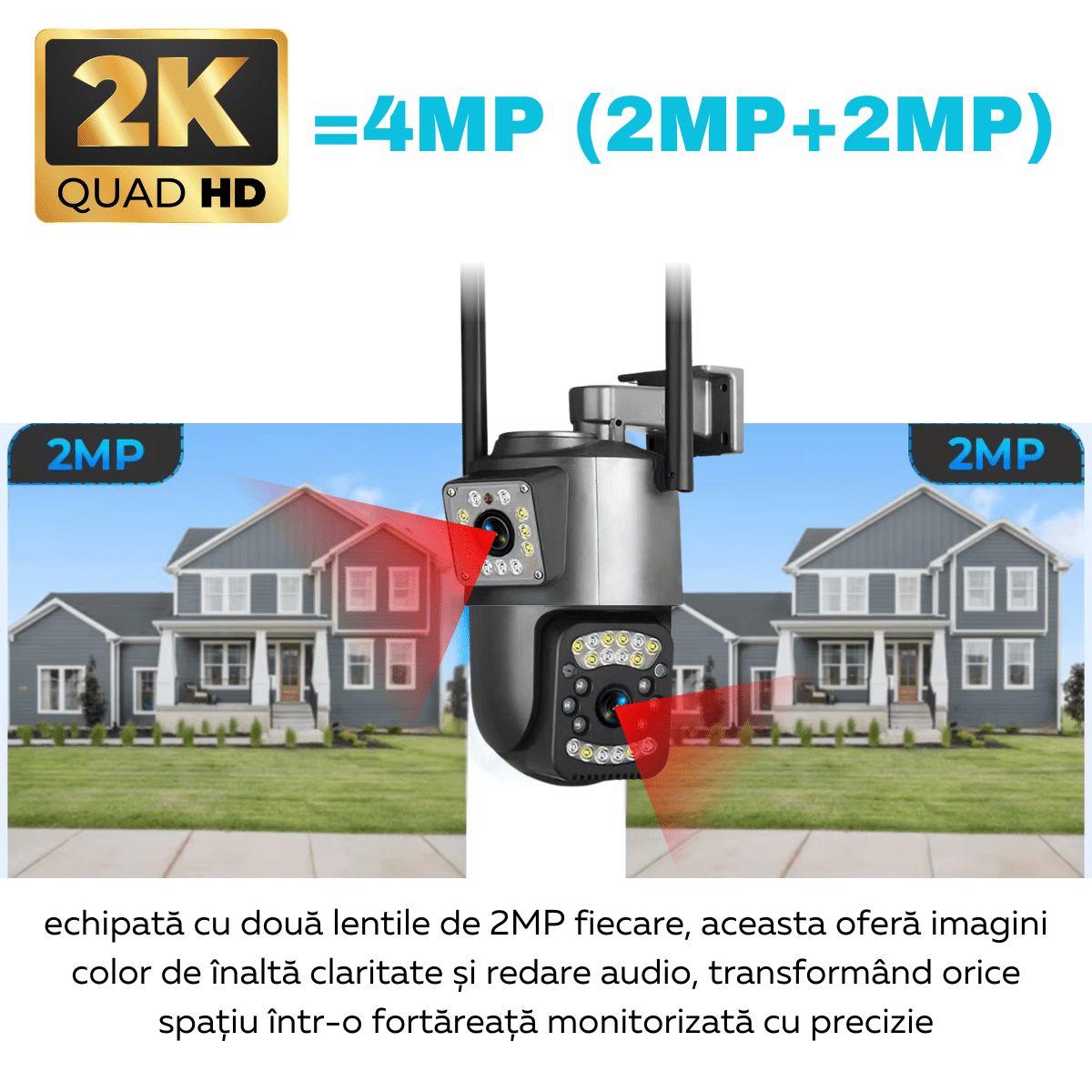 Camera Supraveghere Video 360°, Dubla, Wi - Fi, 2K, 4MP, Exterior/Interior, Control PTZ, Vedere Nocturna Color si Infrarosu, Rezistenta la Apa IP66, Alarma Sonora si Luminoasa, Comunicare Bidirectionala, Senzor Miscare, Stocare Card/Cloud, easyCTRL®smarrt.rocamera supraveghereeasyCTRL