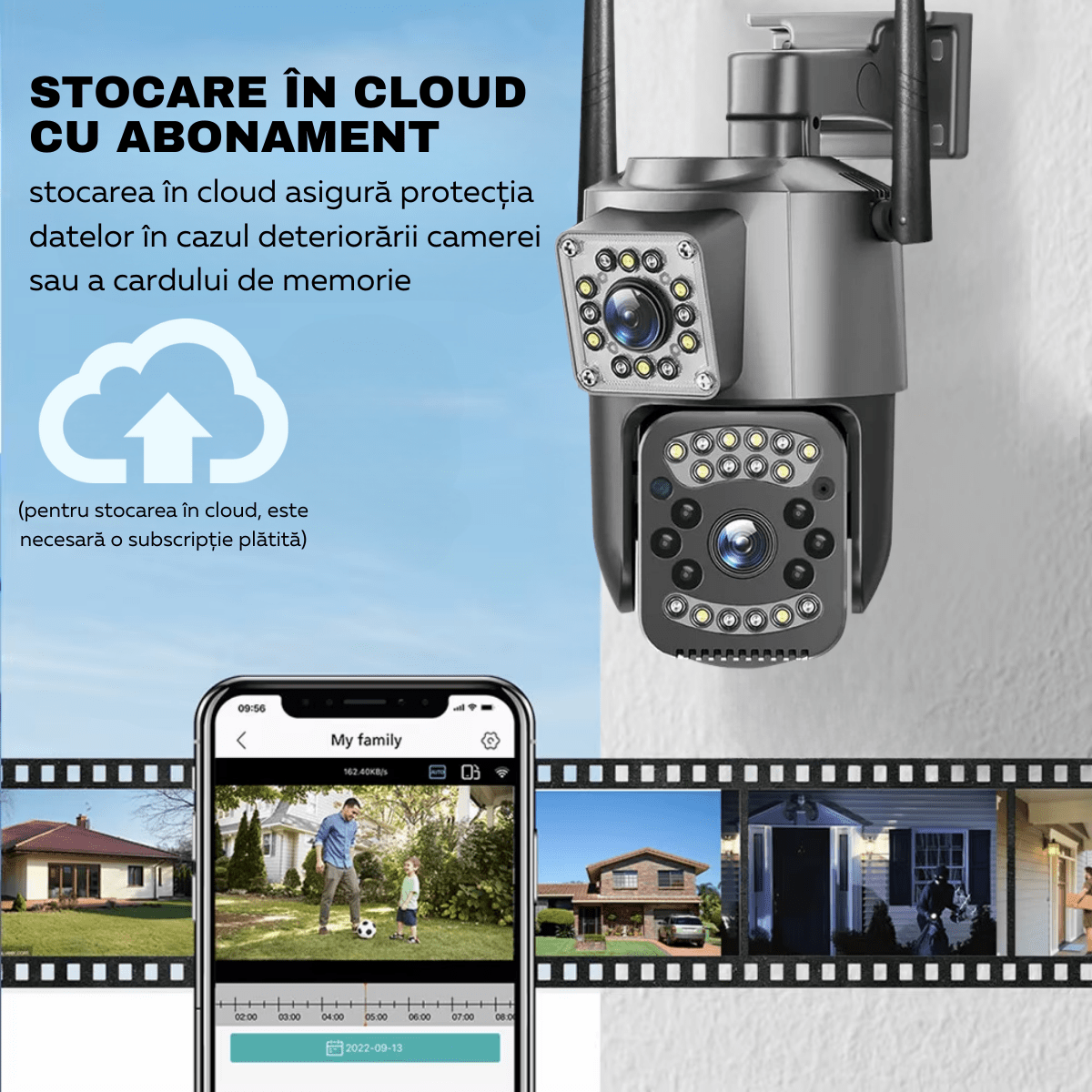 Camera Supraveghere Video 360°, Dubla, Wi - Fi, 2K, 4MP, Exterior/Interior, Control PTZ, Vedere Nocturna Color si Infrarosu, Rezistenta la Apa IP66, Alarma Sonora si Luminoasa, Comunicare Bidirectionala, Senzor Miscare, Stocare Card/Cloud, easyCTRL®smarrt.rocamera supraveghereeasyCTRL