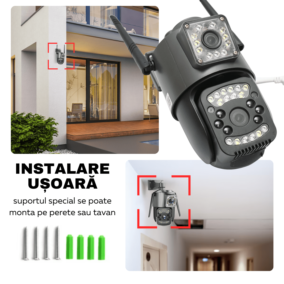 Camera Supraveghere Video 360°, Dubla, Wi - Fi, 2K, 4MP, Exterior/Interior, Control PTZ, Vedere Nocturna Color si Infrarosu, Rezistenta la Apa IP66, Alarma Sonora si Luminoasa, Comunicare Bidirectionala, Senzor Miscare, Stocare Card/Cloud, easyCTRL®smarrt.rocamera supraveghereeasyCTRL