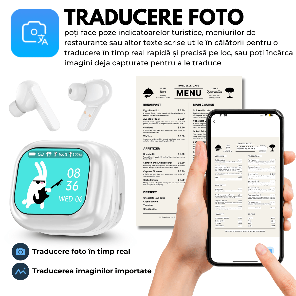 Casti cu Traducator pentru Conversatii in timp real, 144 Limbi, Traducere Foto, Carcasa incarcare cu Touch Screen, Bluetooth 5.4, Control tactil, T7, Alb, easyCTRL®smarrt.rocasti cu traducatoreasyCTRL
