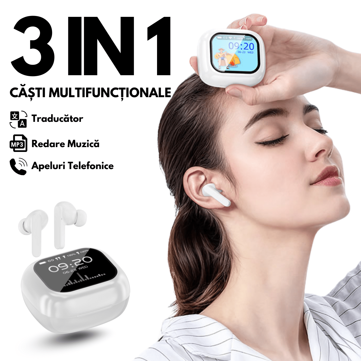 Casti cu Traducator pentru Conversatii in timp real, 144 Limbi, Traducere Foto, Carcasa incarcare cu Touch Screen, Bluetooth 5.4, Control tactil, T7, Alb, easyCTRL®smarrt.rocasti cu traducatoreasyCTRL