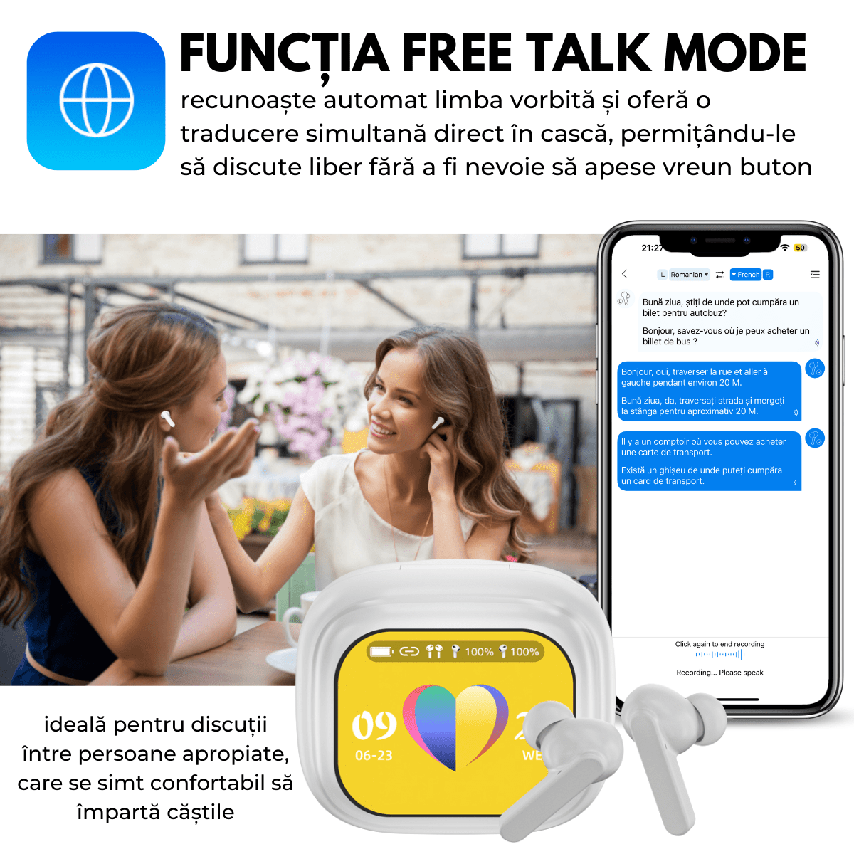 Casti cu Traducator pentru Conversatii in timp real, 144 Limbi, Traducere Foto, Carcasa incarcare cu Touch Screen, Bluetooth 5.4, Control tactil, T7, Alb, easyCTRL®smarrt.rocasti cu traducatoreasyCTRL