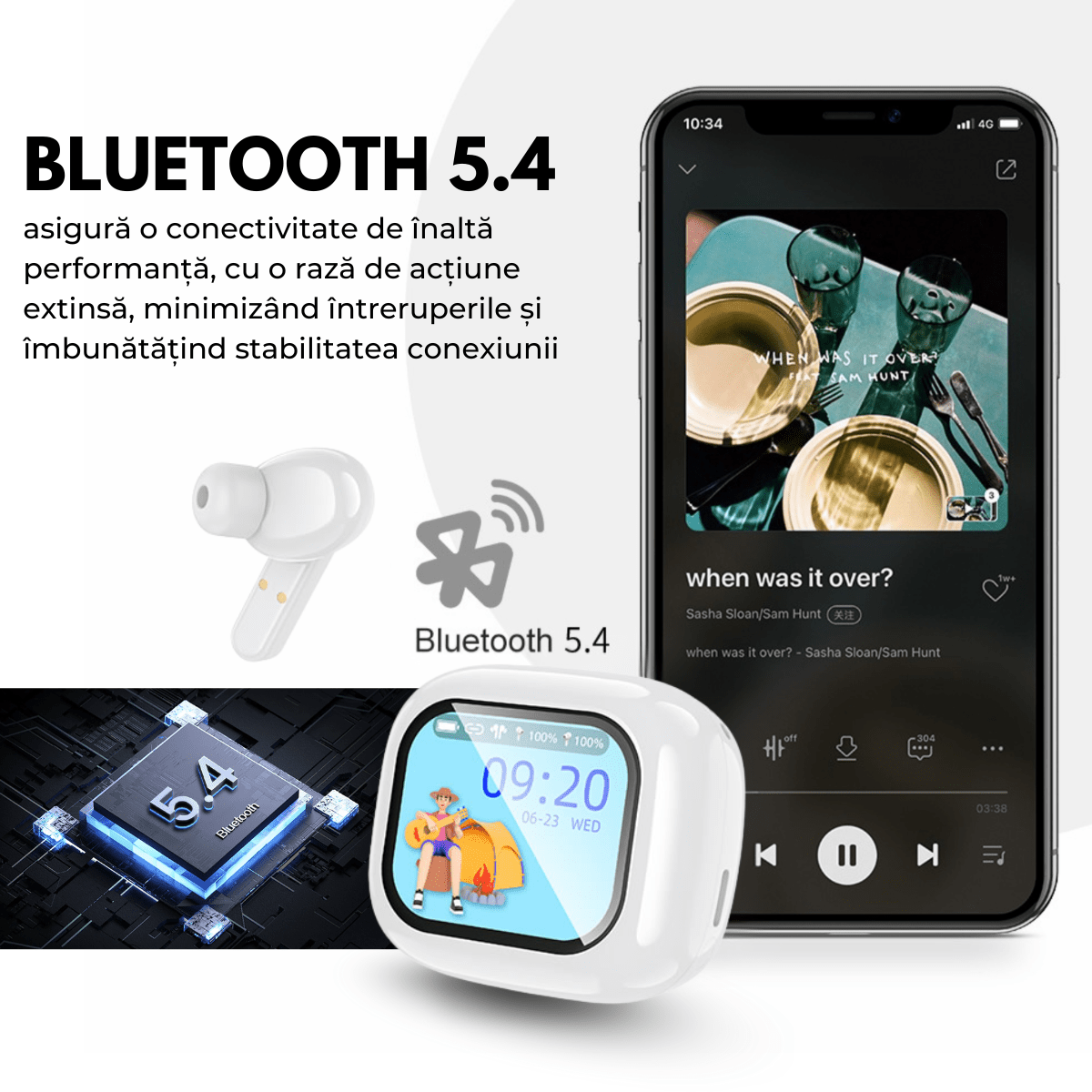 Casti cu Traducator pentru Conversatii in timp real, 144 Limbi, Traducere Foto, Carcasa incarcare cu Touch Screen, Bluetooth 5.4, Control tactil, T7, Alb, easyCTRL®smarrt.rocasti cu traducatoreasyCTRL