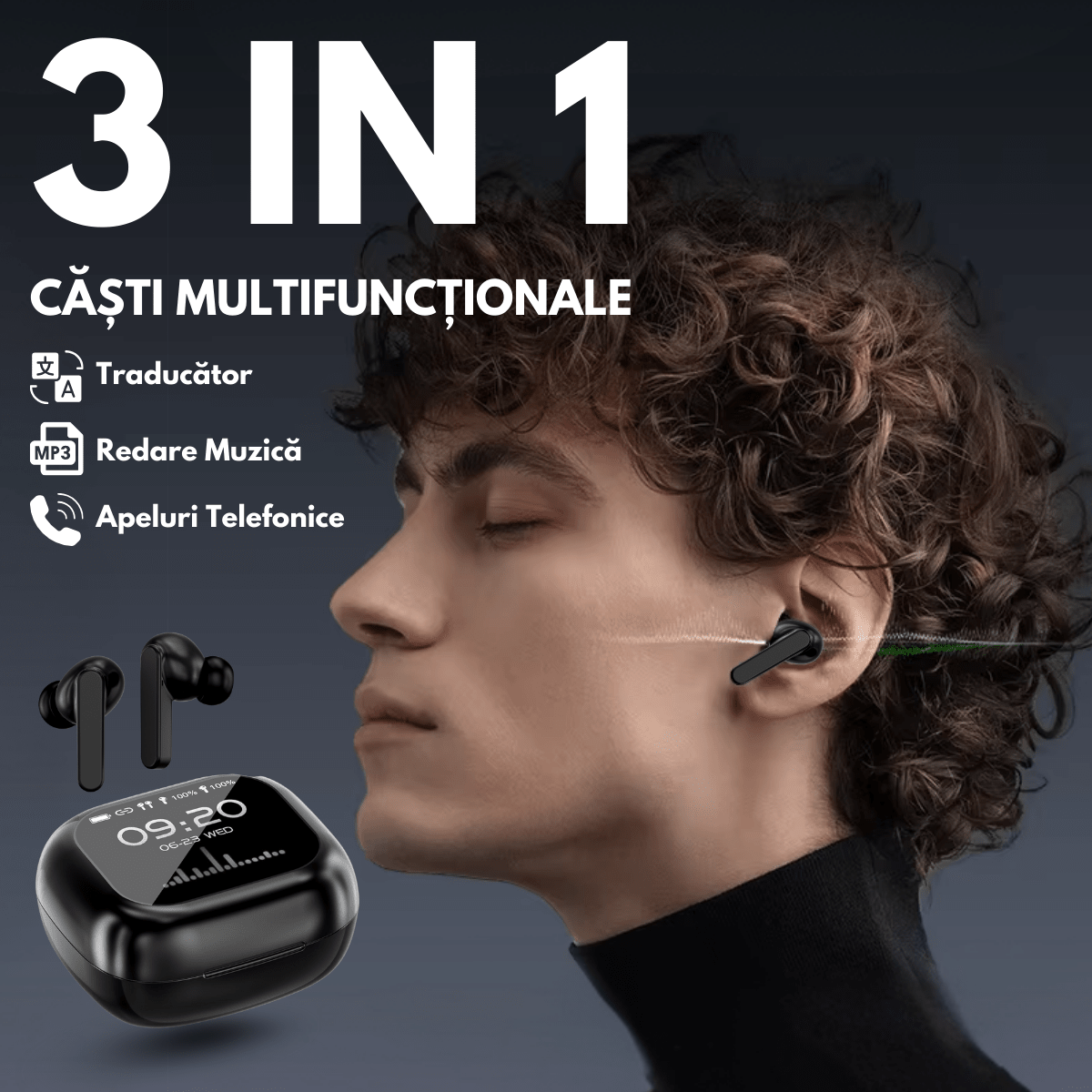 Casti cu Traducator pentru Conversatii in timp real, 144 Limbi, Traducere Foto, Carcasa incarcare cu Touch Screen, Bluetooth 5.4, Control tactil, T7, Negru, easyCTRL®smarrt.rocasti cu traducatoreasyCTRL