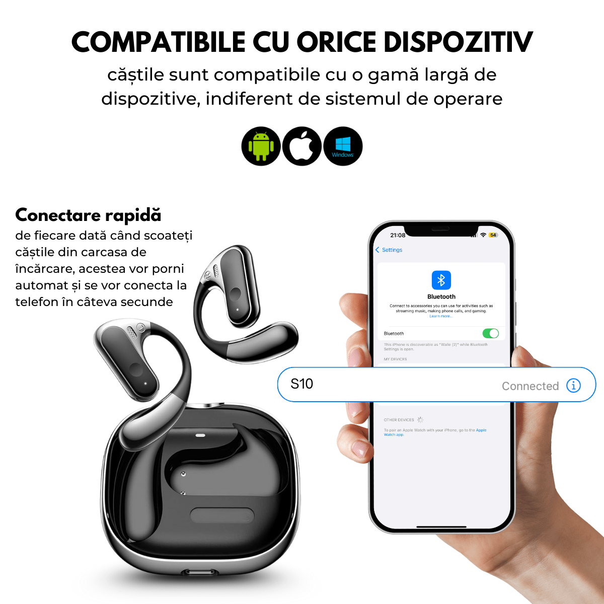 Casti cu Traducator pentru Conversatii in timp real, Metal, Open - Ear, 144 Limbi, Traducere Foto, Bluetooth 5.4, Control tactil, Carcasa de incarcare, S10, easyCTRL®smarrt.rocasti cu traducatoreasyCTRL