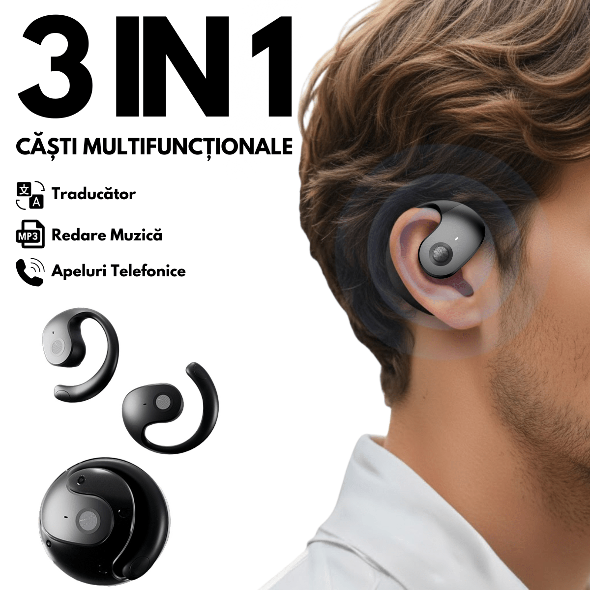 Casti cu Traducator pentru Conversatii in timp real, Open - Ear, 139 Limbi, Bluetooth 5.4, Control tactil, Carcasa de incarcare, Negru, T2, easyCTRL®smarrt.roeasyCTRL