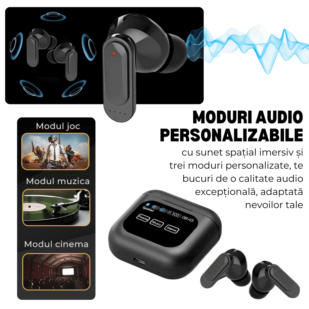 Casti Wireless In Ear, Carcasa cu Touch Screen, Bluetooth 5.4, Control Tactil, Anulare Zgomot ANC + ENC, easyCTRL®, Negrusmarrt.rocasti wirelesseasyCTRL