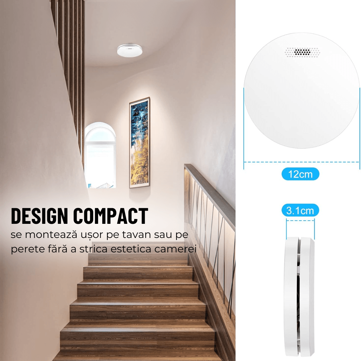 Detector de Fum, Avertizare Sonora si Luminoasa, Durata Viata Baterie 10 Ani, 85dB, easyCTRL®smarrt.roDetector de fumeasyCTRL