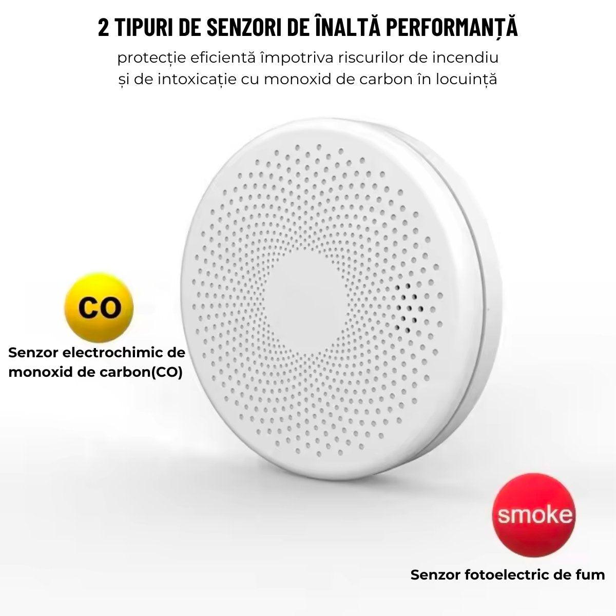 Detector inteligent 2 in 1 de fum si monoxid de carbon, WiFI, Smart Life Tuya avertizare sonora baterie 10 ani 85dB easyCTRL