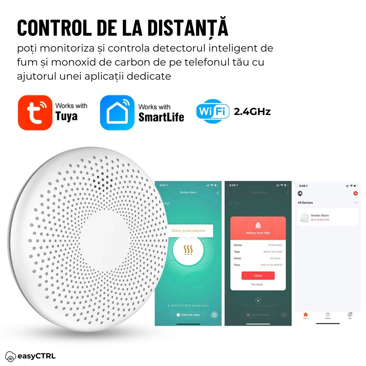 Detector inteligent 2 in 1 de fum si monoxid de carbon, WiFI, Smart Life Tuya avertizare sonora baterie 10 ani 85dB easyCTRL
