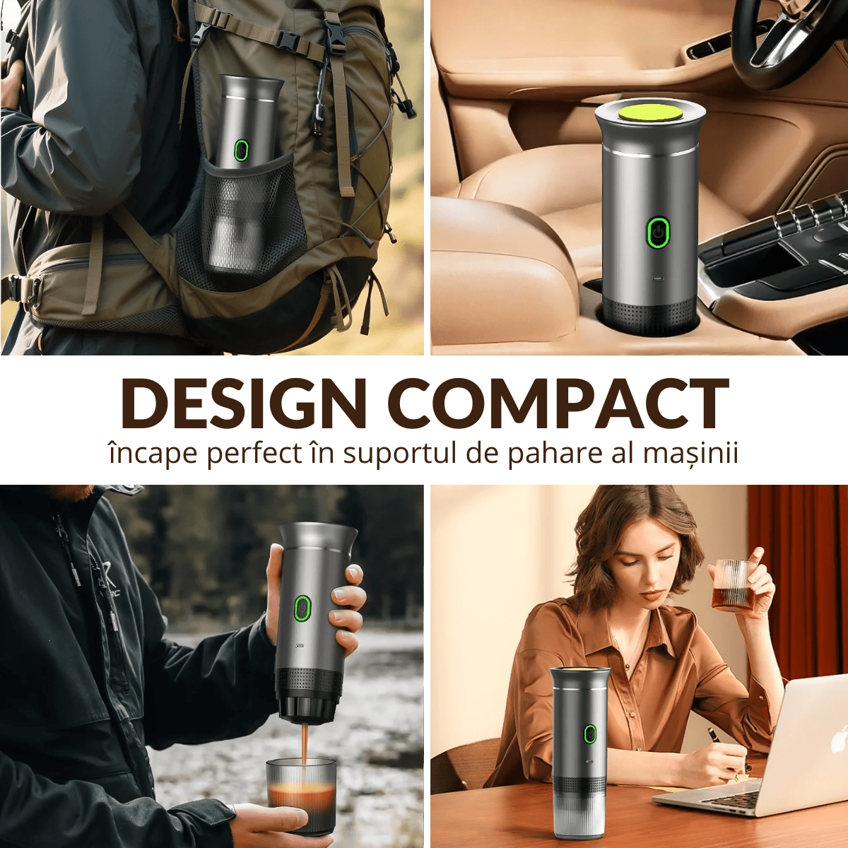 Espressor Portabil 3 in 1, Capsule Nespresso, Nescafe Dolce Gusto, Cafea macinata, 20 bar, 72W, Baterie 7500mAh, Argintiu, easyCTRL®smarrt.roespressoreasyCTRL