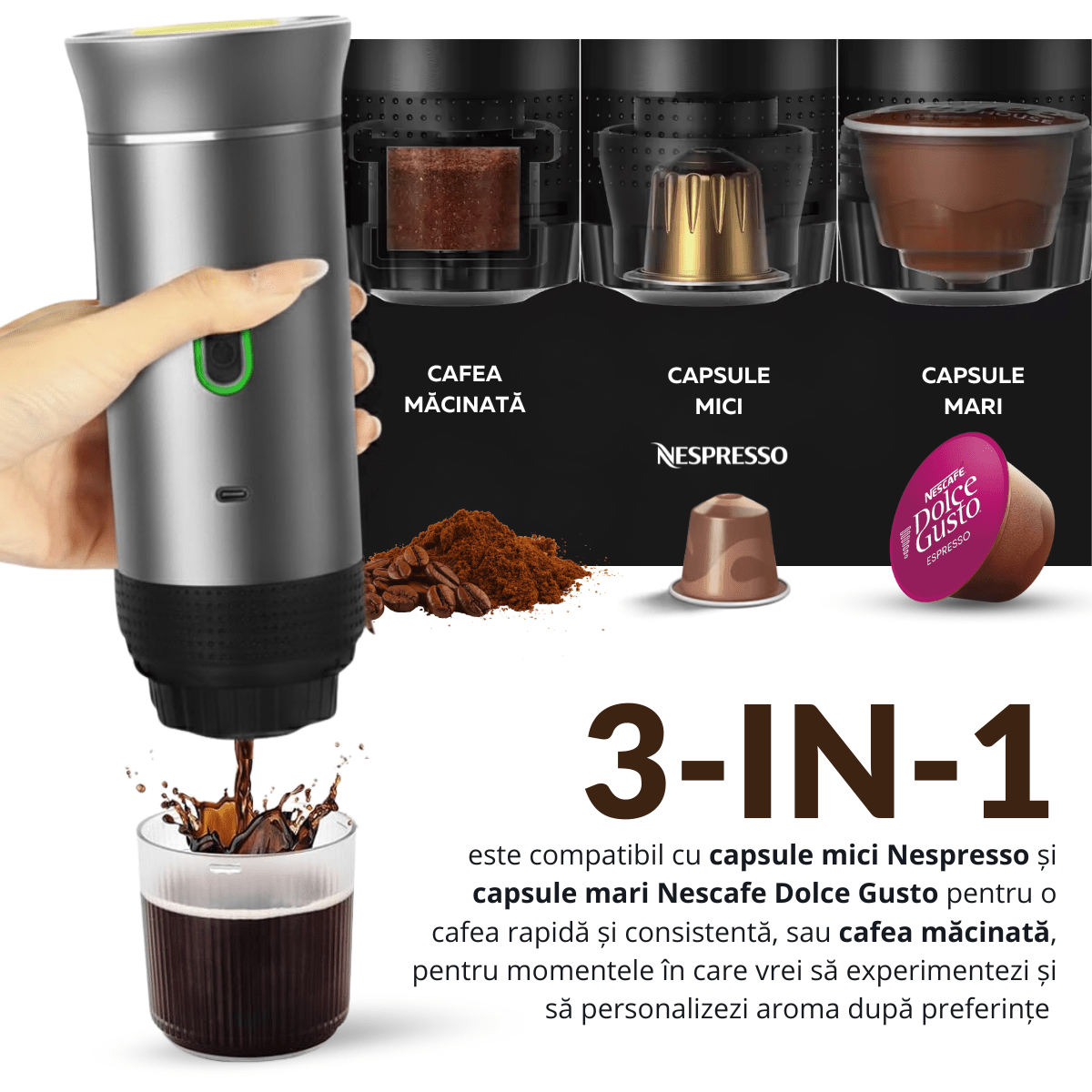 Espressor Portabil 3 in 1, Capsule Nespresso, Nescafe Dolce Gusto, Cafea macinata, 20 bar, 72W, Baterie 7500mAh, Argintiu, easyCTRL®smarrt.roespressoreasyCTRL