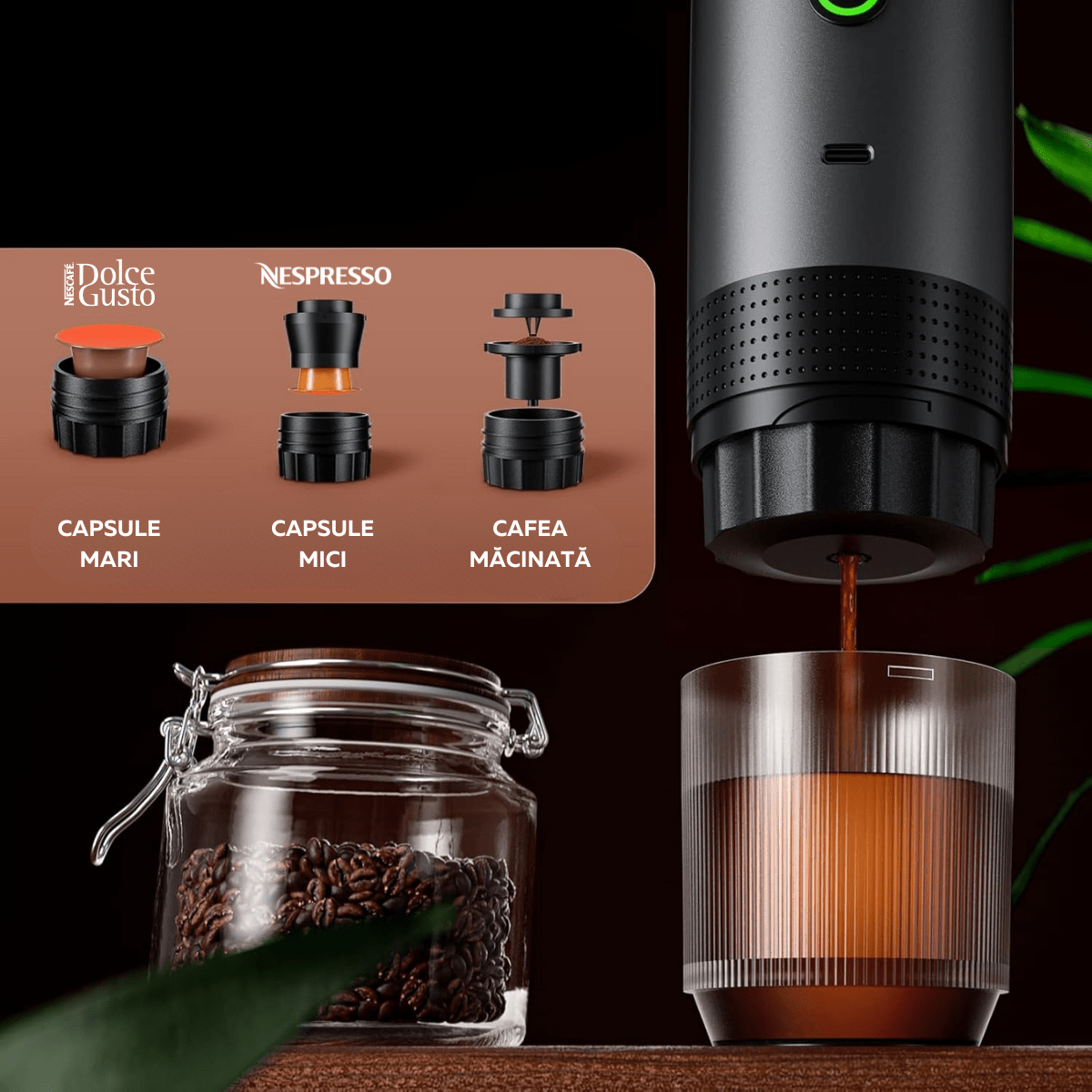 Espressor Portabil 3 in 1, Capsule Nespresso, Nescafe Dolce Gusto, Cafea macinata, 20 bar, 72W, Baterie 7500mAh, Argintiu, easyCTRL®smarrt.roespressoreasyCTRL