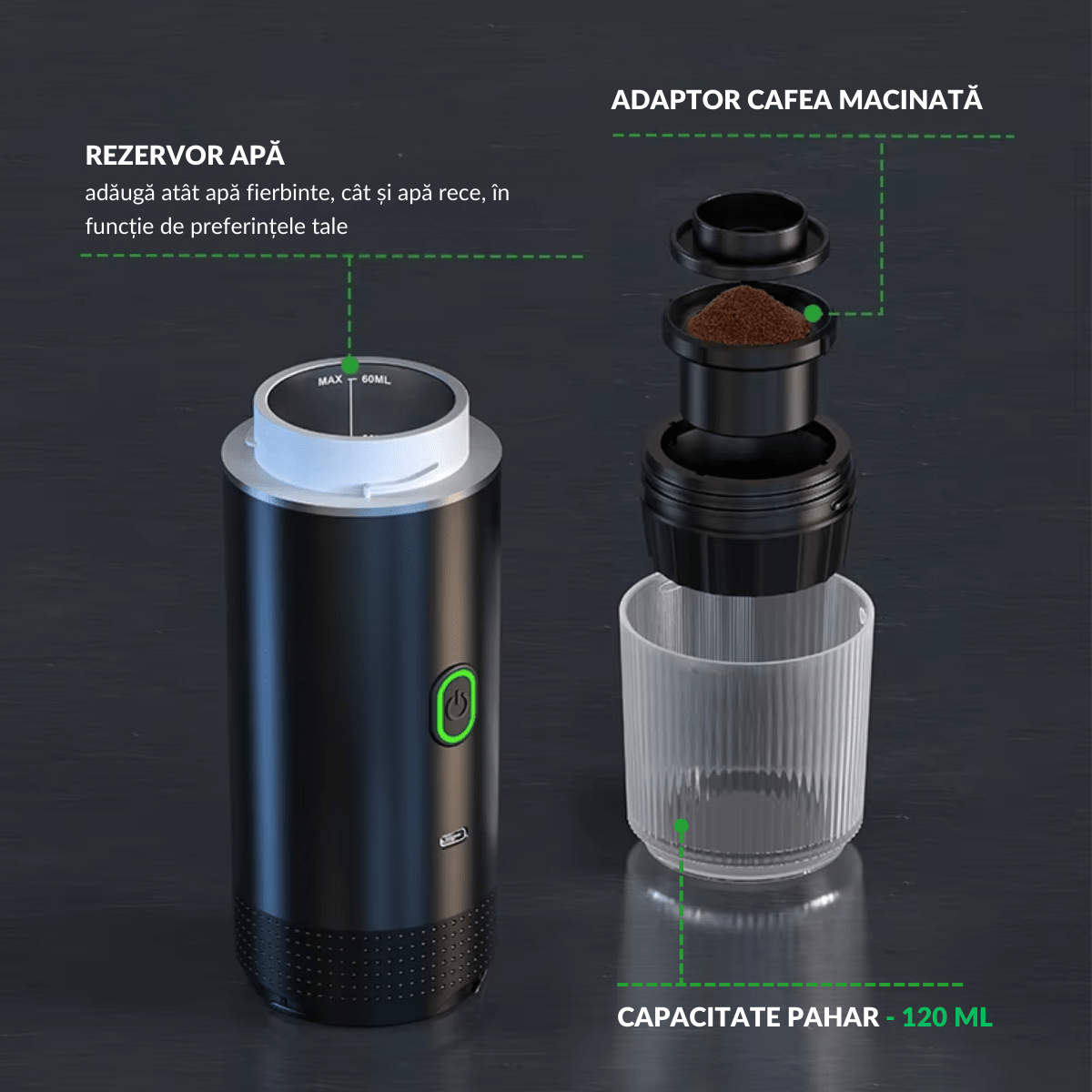 Espressor Portabil 3 in 1, Capsule Nespresso, Nescafe Dolce Gusto, Cafea macinata, 20 bar, 72W, Baterie 7500mAh, easyCTRL®smarrt.roespressoreasyCTRL