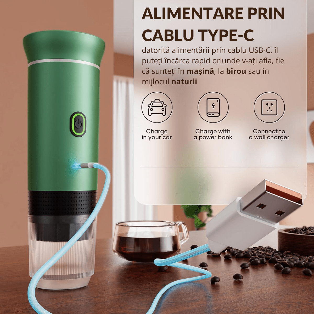 Espressor Portabil 3 in 1, Capsule Nespresso, Nescafe Dolce Gusto, Cafea macinata, 20 bar, 72W, Baterie 7500mAh, Verde, easyCTRL®smarrt.roespressoreasyCTRL