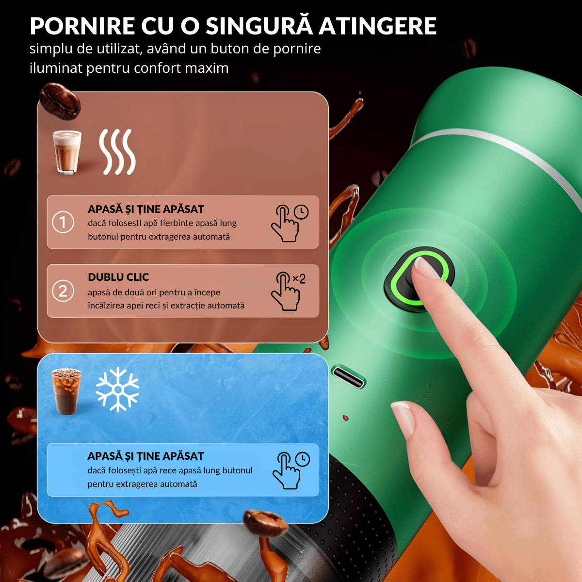 Espressor Portabil 3 in 1, Capsule Nespresso, Nescafe Dolce Gusto, Cafea macinata, 20 bar, 72W, Baterie 7500mAh, Verde, easyCTRL®smarrt.roespressoreasyCTRL
