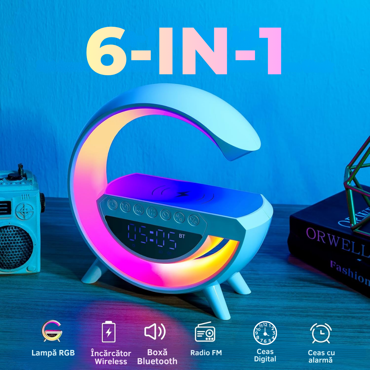 Lampa Inteligenta cu Lumini LED RGB, Incarcator Wireless 15W, Boxa Bluetooth, Radio FM, Ceas Digital, Alarma, Incarcare Type - C, Port AUX, Slot Card TF, Alb, easyCTRL®smarrt.rolampa vegheeasyCTRL