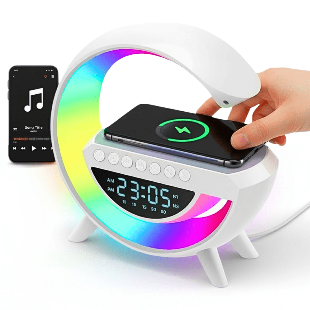 Lampa Inteligenta cu Lumini LED RGB, Incarcator Wireless 15W, Boxa Bluetooth, Radio FM, Ceas Digital, Alarma, Incarcare Type - C, Port AUX, Slot Card TF, Alb, easyCTRL®smarrt.rolampa vegheeasyCTRL