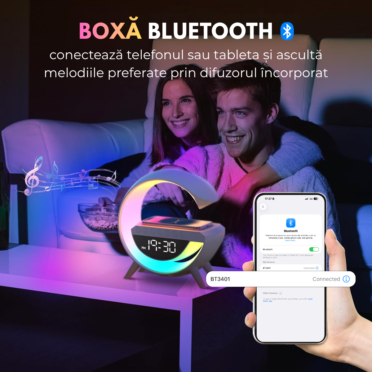 Lampa Inteligenta cu Lumini LED RGB, Incarcator Wireless 15W, Boxa Bluetooth, Radio FM, Ceas Digital, Alarma, Incarcare Type - C, Port AUX, Slot Card TF, Alb, easyCTRL®smarrt.rolampa vegheeasyCTRL