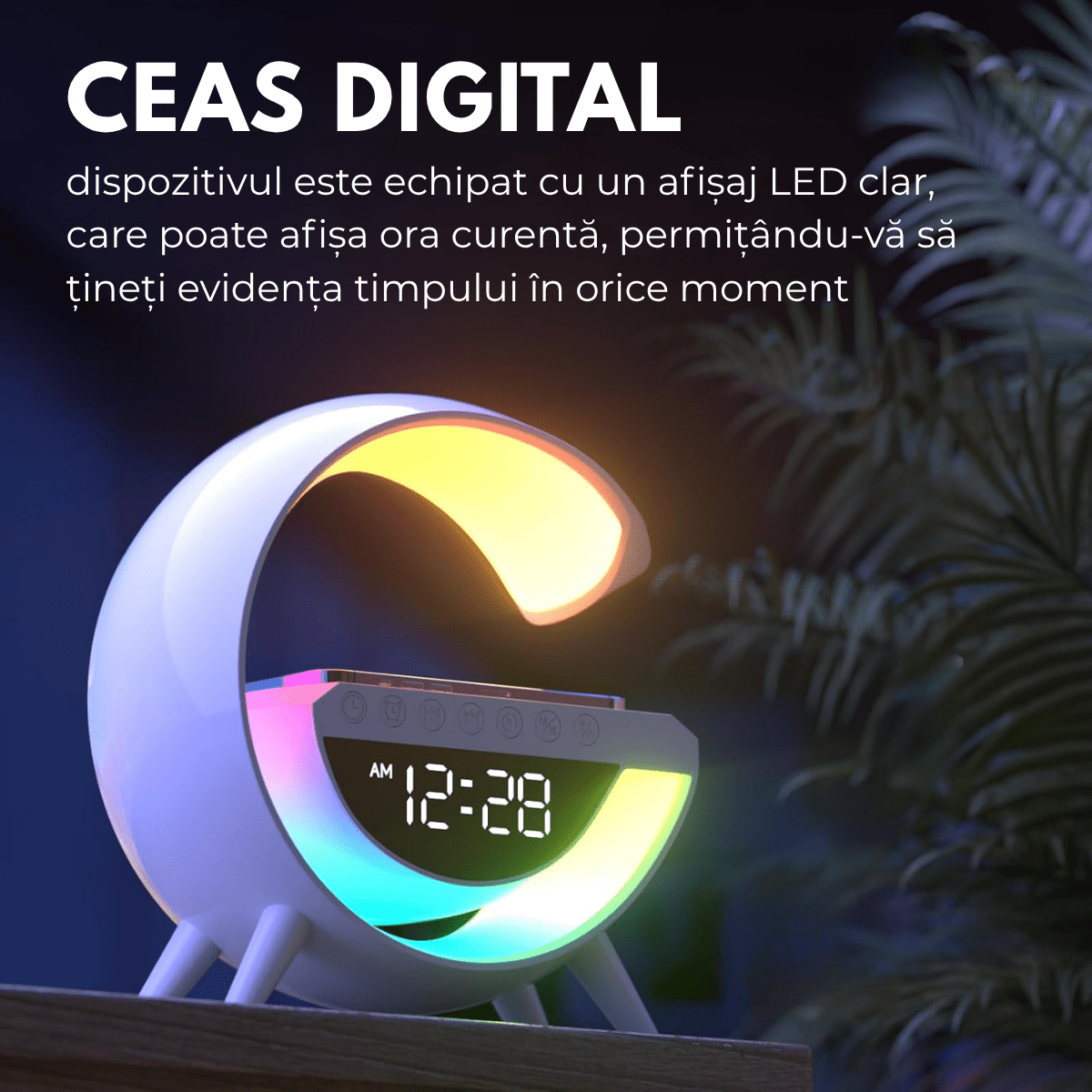 Lampa Inteligenta cu Lumini LED RGB, Incarcator Wireless 15W, Boxa Bluetooth, Radio FM, Ceas Digital, Alarma, Incarcare Type - C, Port AUX, Slot Card TF, Alb, easyCTRL®smarrt.rolampa vegheeasyCTRL